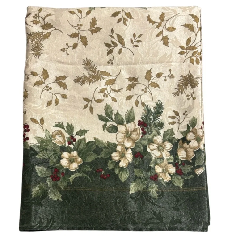 Vintage Table Cloth Luxury Holiday Christmas Floral Holly Ivory Cream Gold Green
